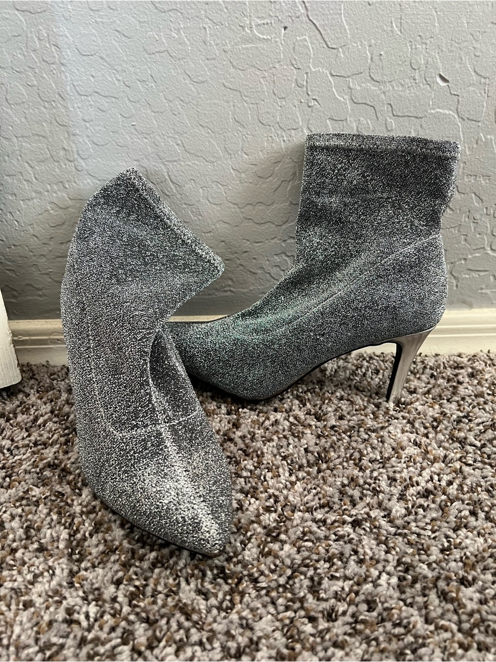 Jones New York Silver Glitter Pointed Sock Ankle Boots